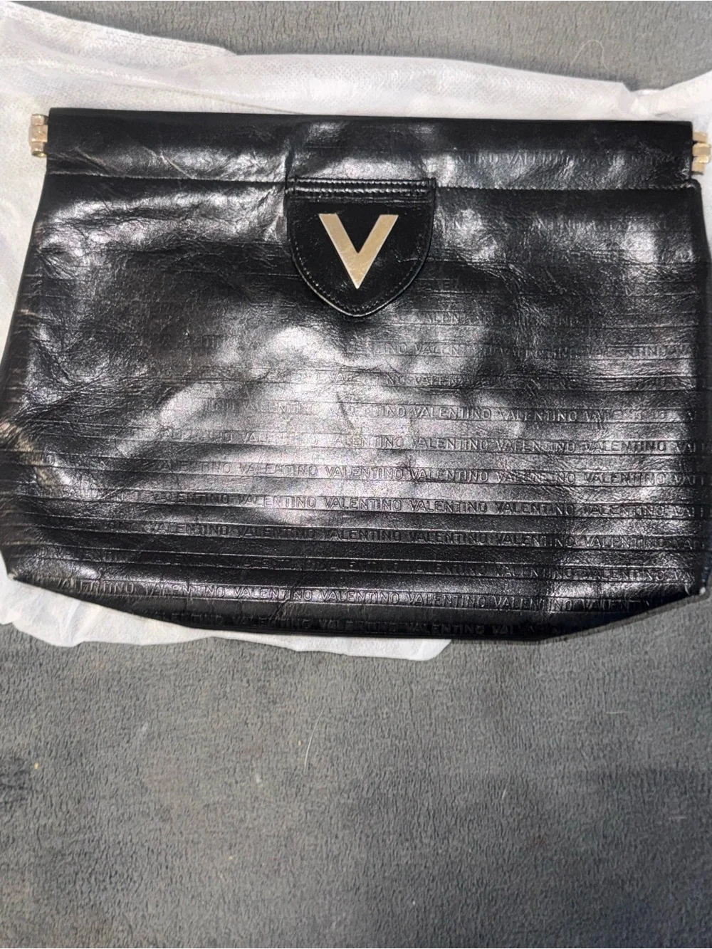 Vintage Mario Valentino Black Embossed Leather V-Logo Clutch